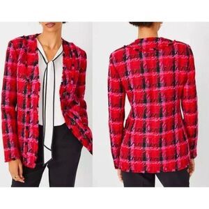 Ann Taylor Houndstooth tweed blazer jacket pink button front 00P